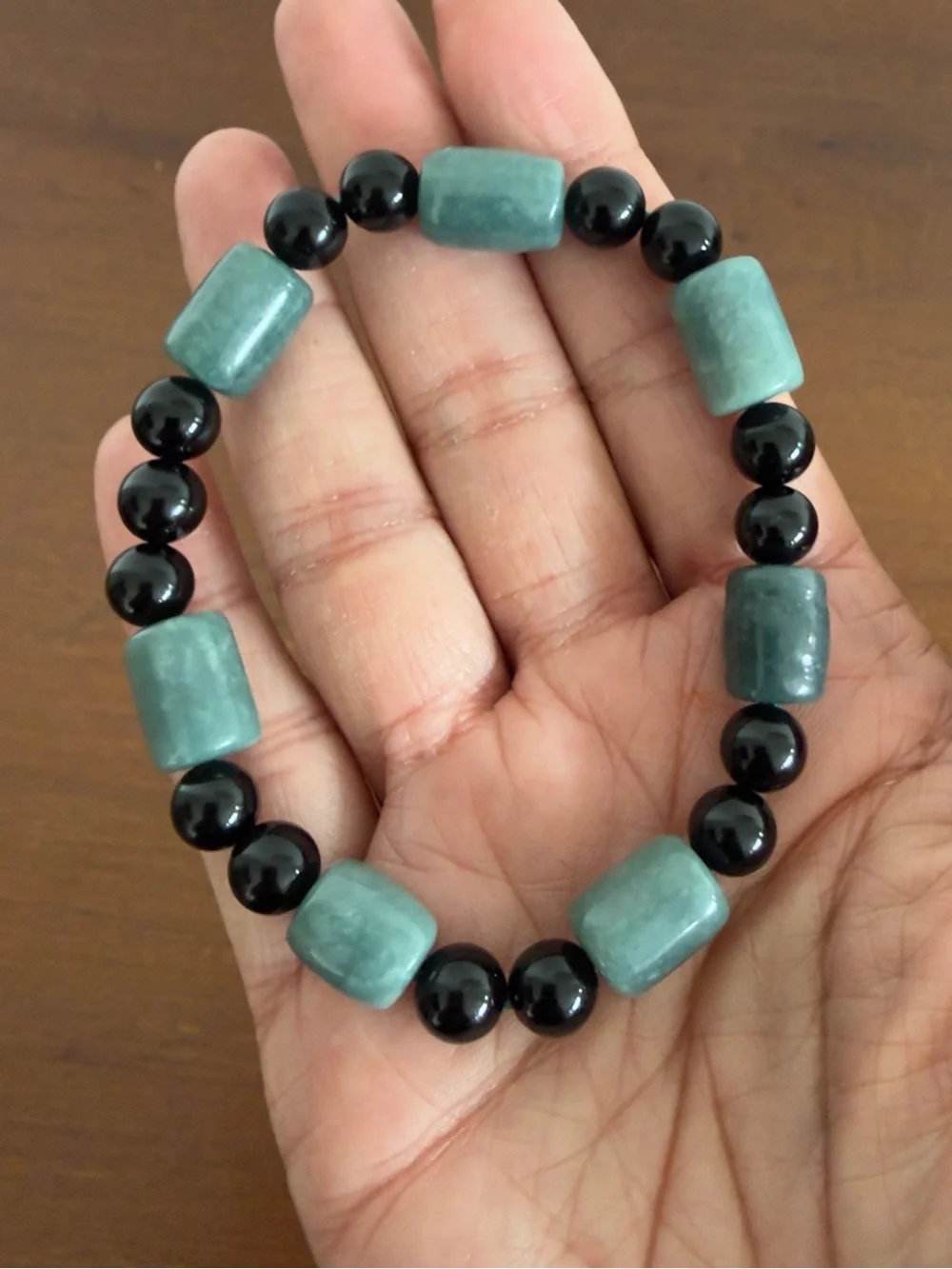 Blue Water Jade Barrel and Black Obsidian Bead Stretchable Bracelet